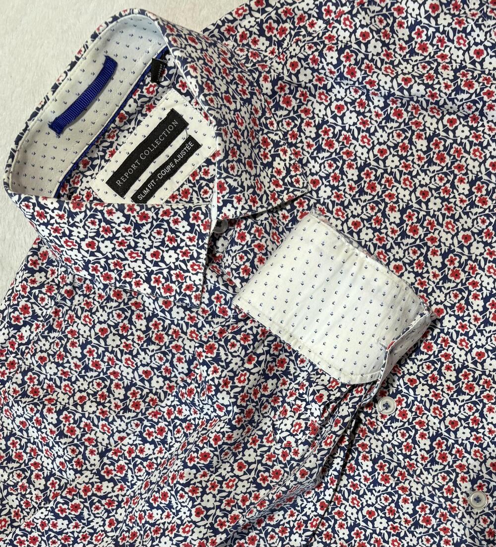 Report Collection Shirt Mens 15.5 32/33 Blue Red Floral Print Slim Fit Stretch
